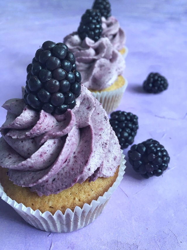 Vanilla Cupcakes with Blackberry Mascarpone Frosting