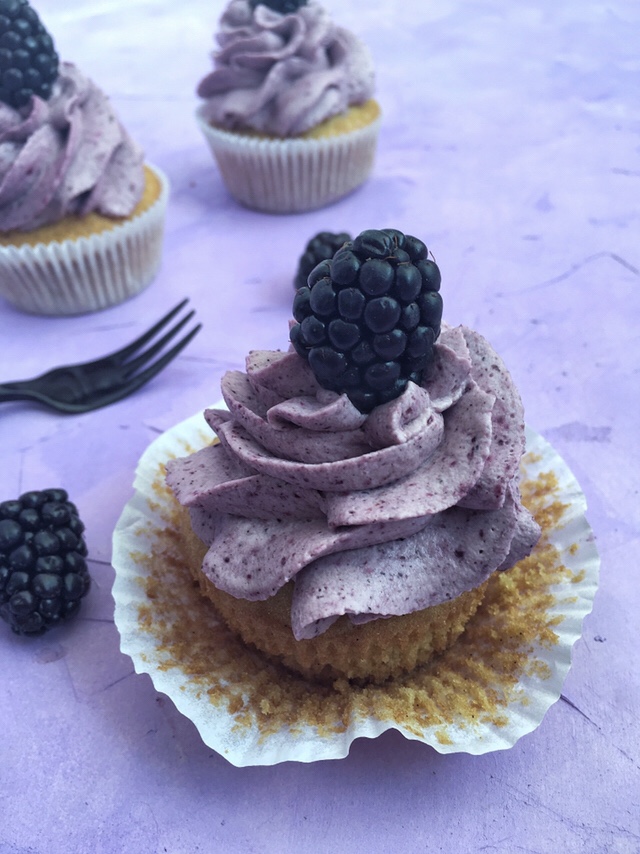 Vanilla Cupcakes with Blackberry Mascarpone Frosting