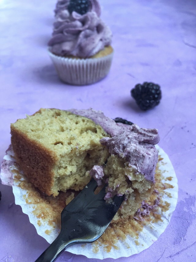 Vanilla Cupcakes with Blackberry Mascarpone Frosting