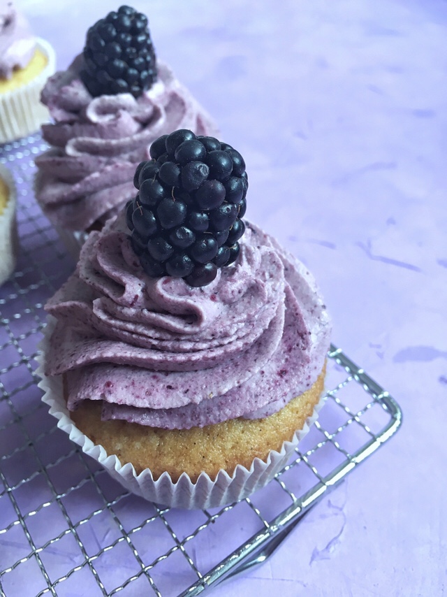 Vanilla Cupcakes with Blackberry Mascarpone Frosting